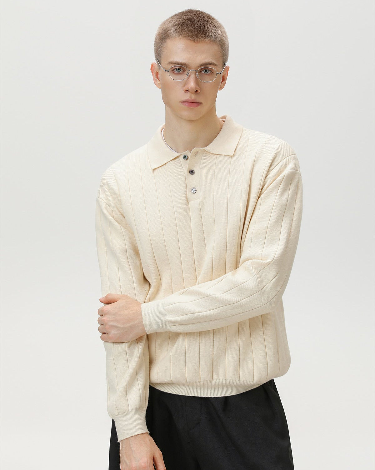 Ribbed Knit Long Sleeve Polo Sweater