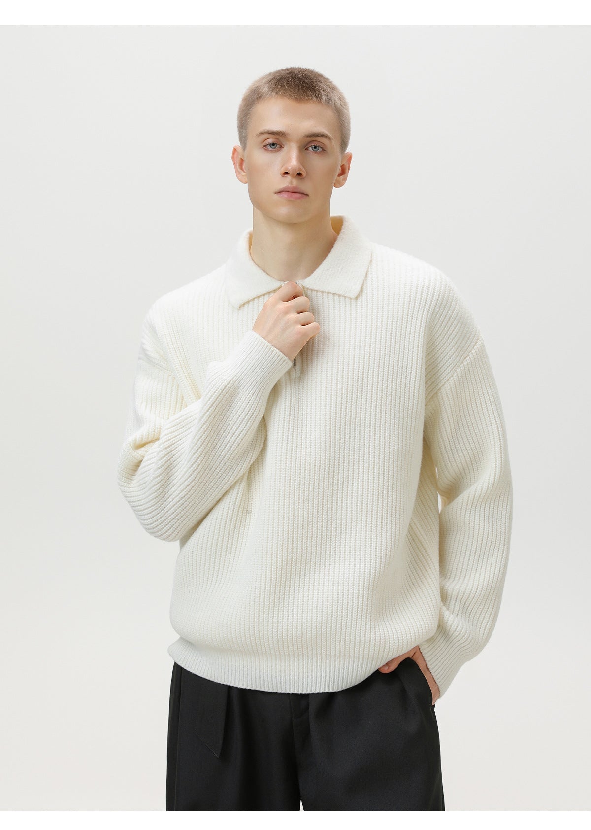 Ribbed Half-Zip Knit Polo Sweater