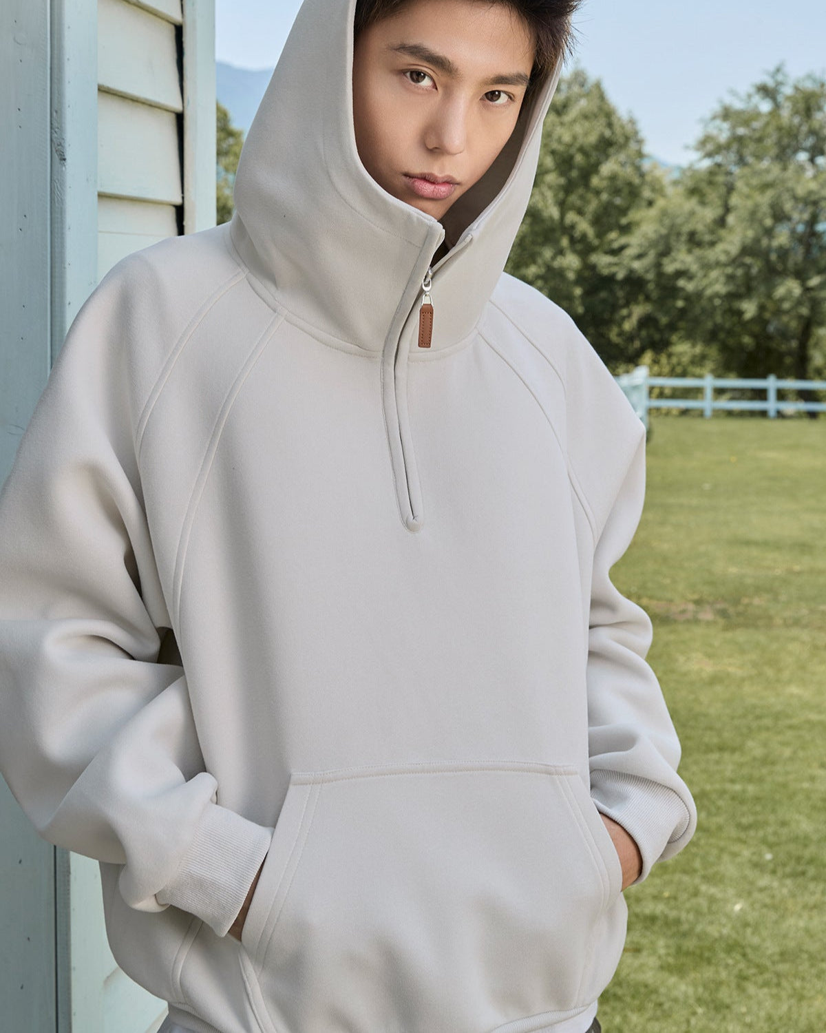 3D Split-Structure Heavy Half-Zip Hooded Sweatshirt