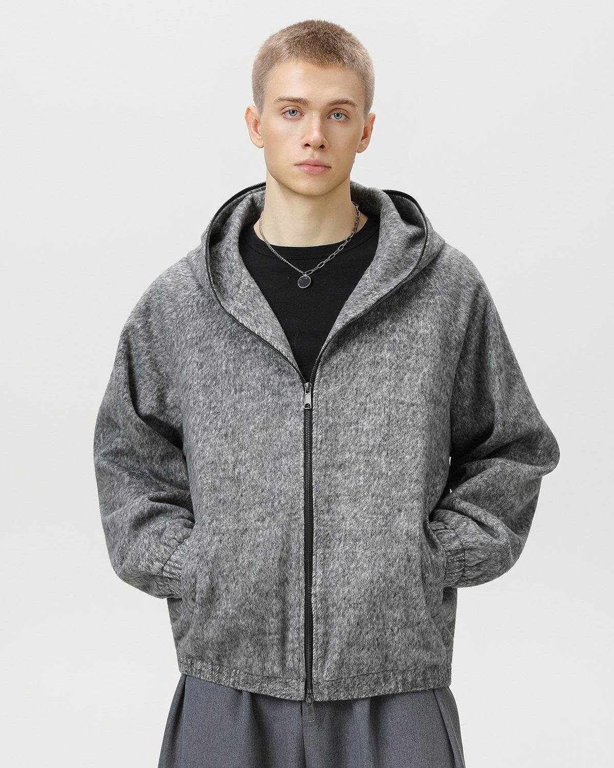 Wool Blend Hooded Zip Jacket