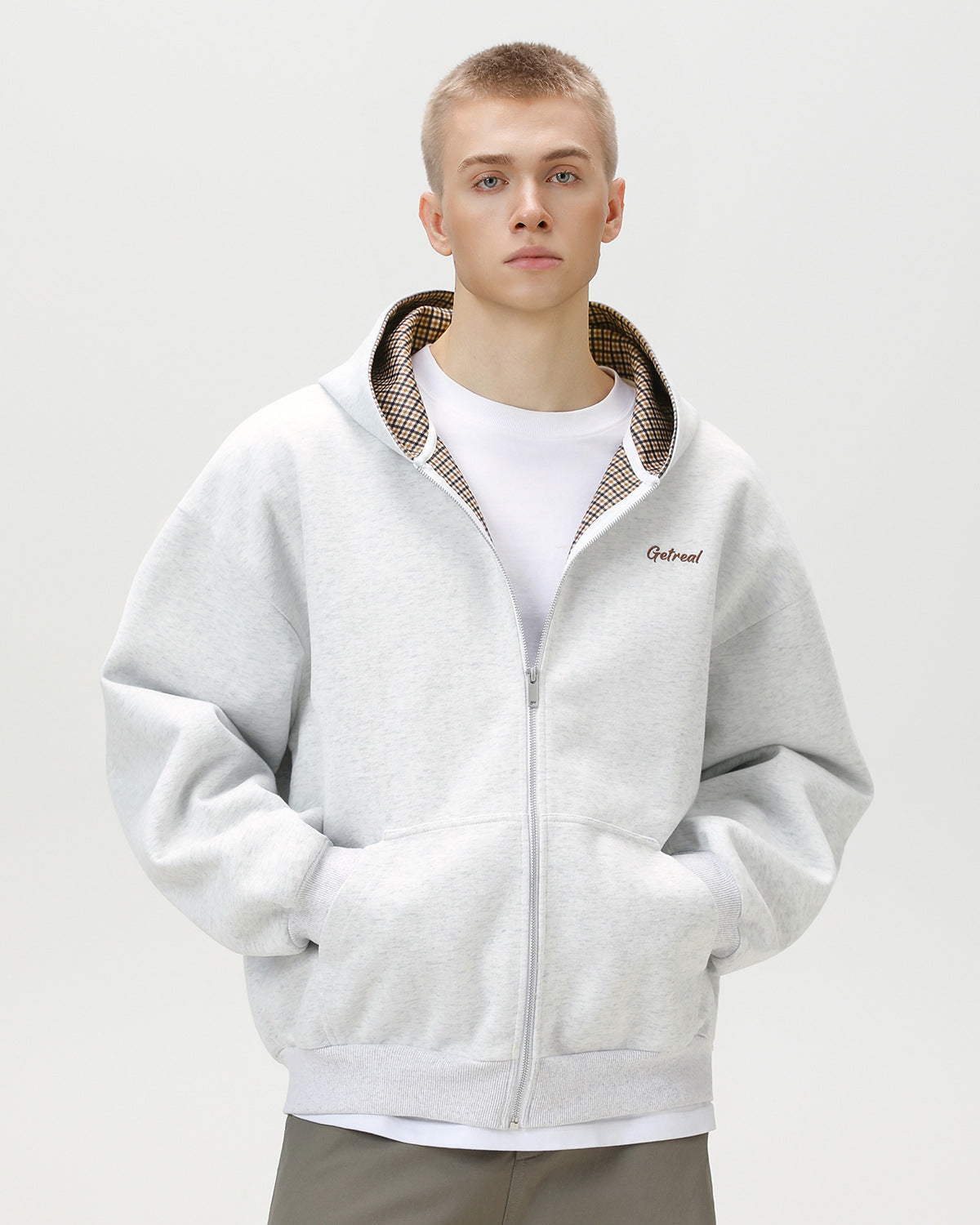 "Get Real" Checked Lined Zip Hoodie Sweater