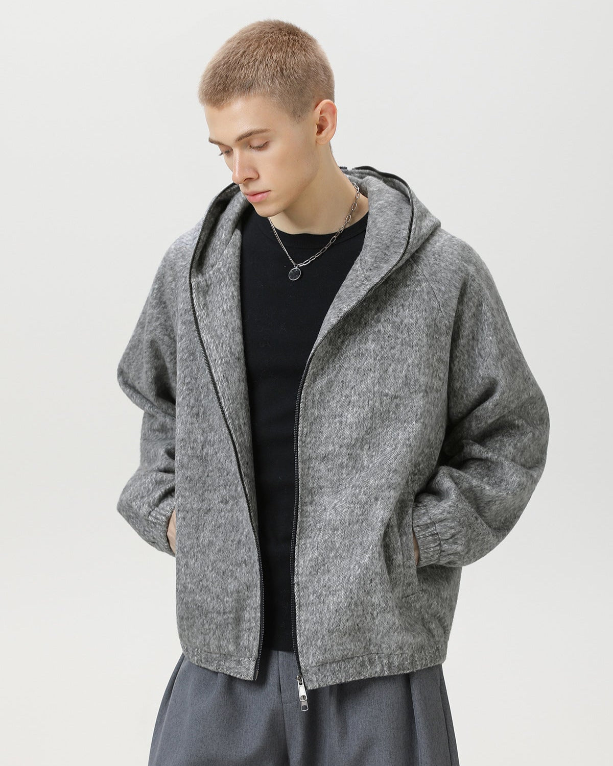 Wool Blend Hooded Zip Jacket