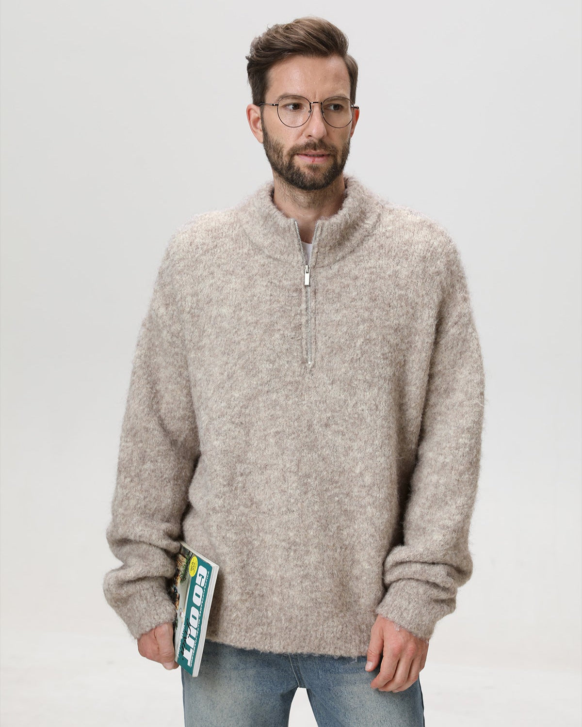 Heavyweight Hoop Yarn Half-Zip Stand Collar Sweater