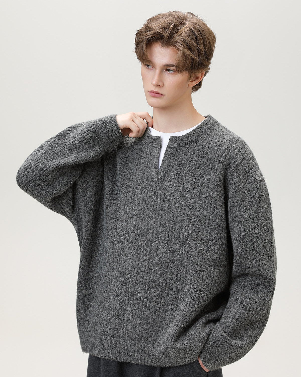 Split-Neck Knit Sweater