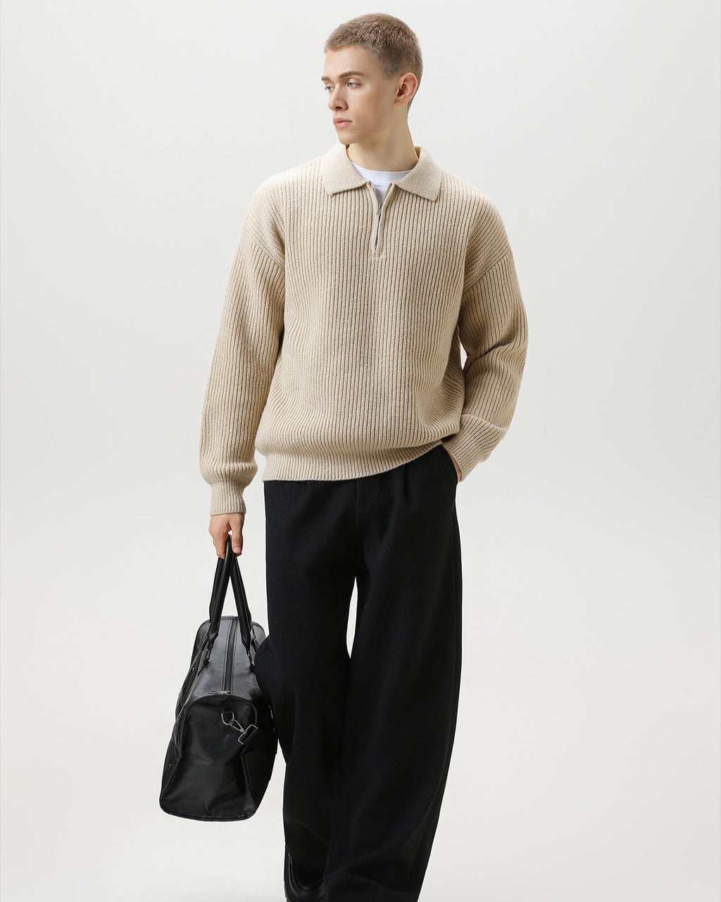 Ribbed Half-Zip Knit Polo Sweater