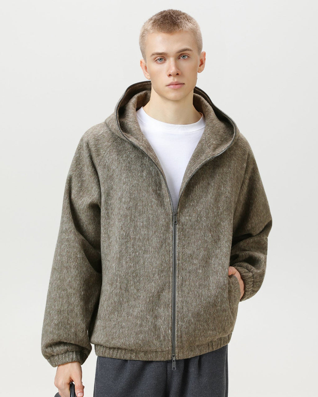 Wool Blend Hooded Zip Jacket