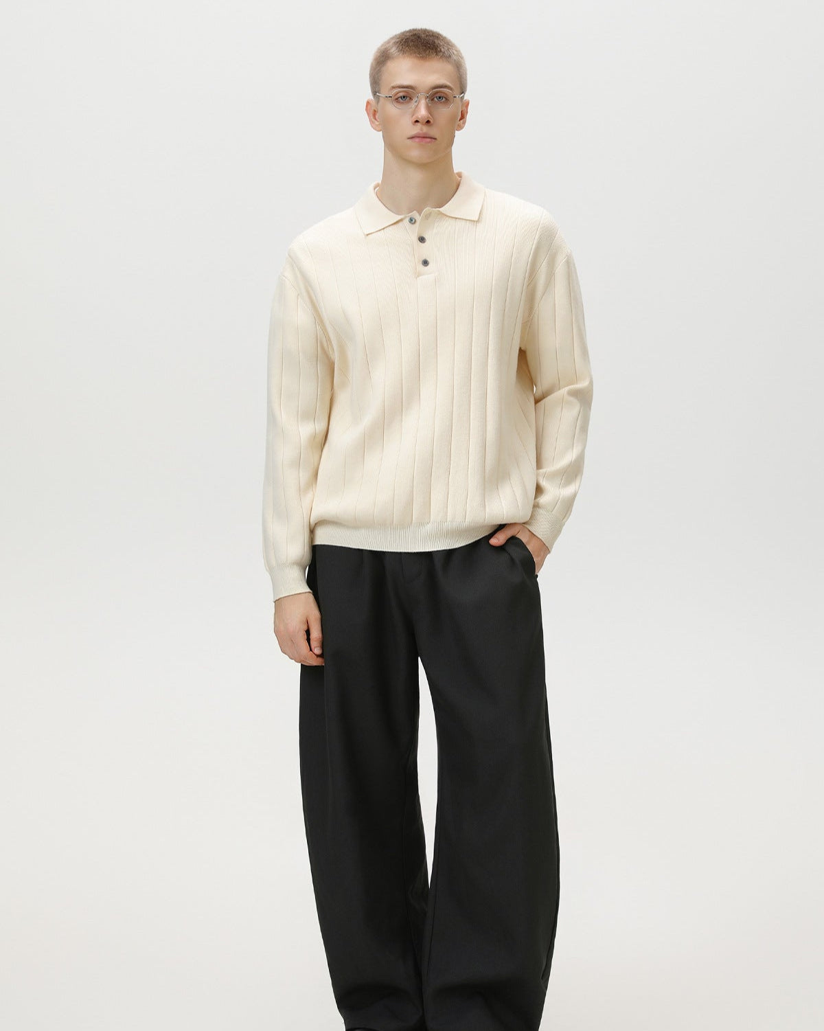 Ribbed Knit Long Sleeve Polo Sweater