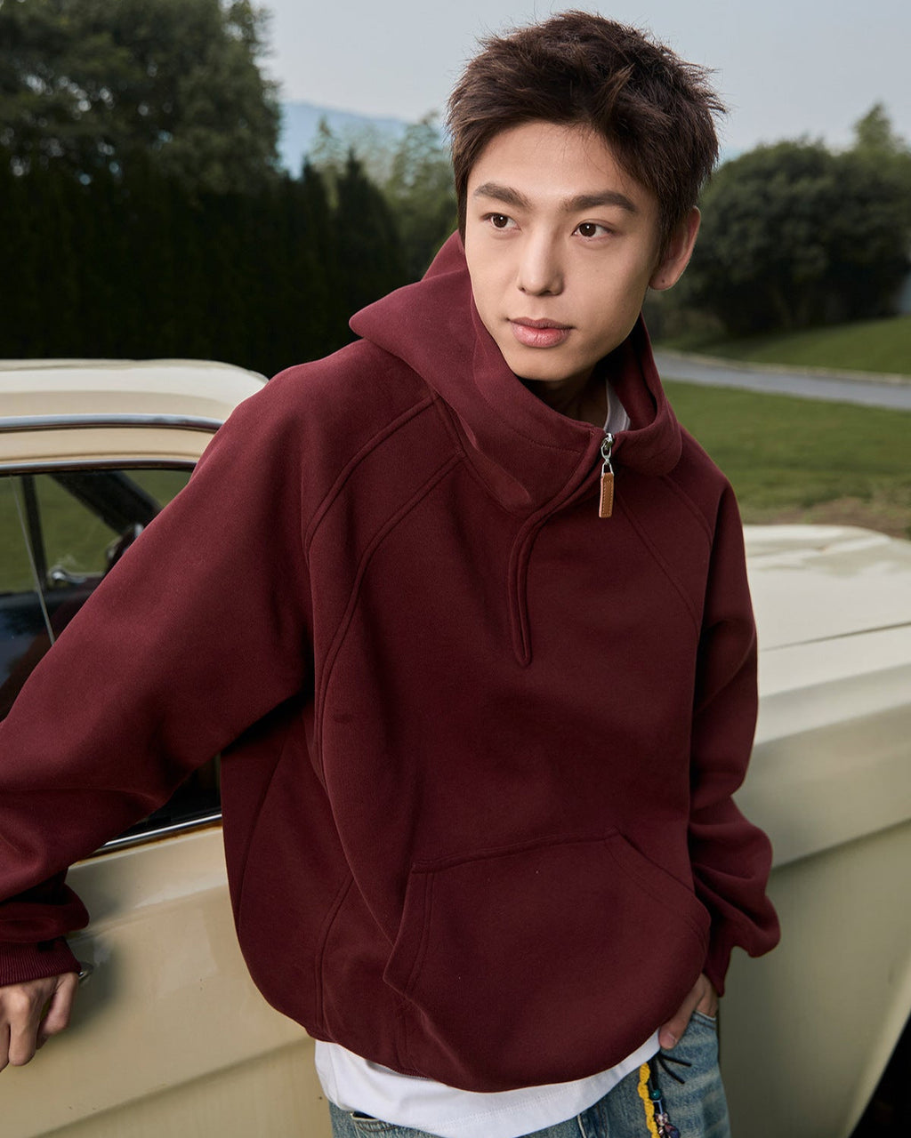 3D Split-Structure Heavy Half-Zip Hooded Sweatshirt