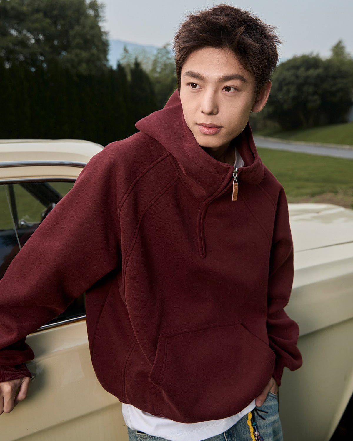 3D Split-Structure Heavy Half-Zip Hooded Sweatshirt