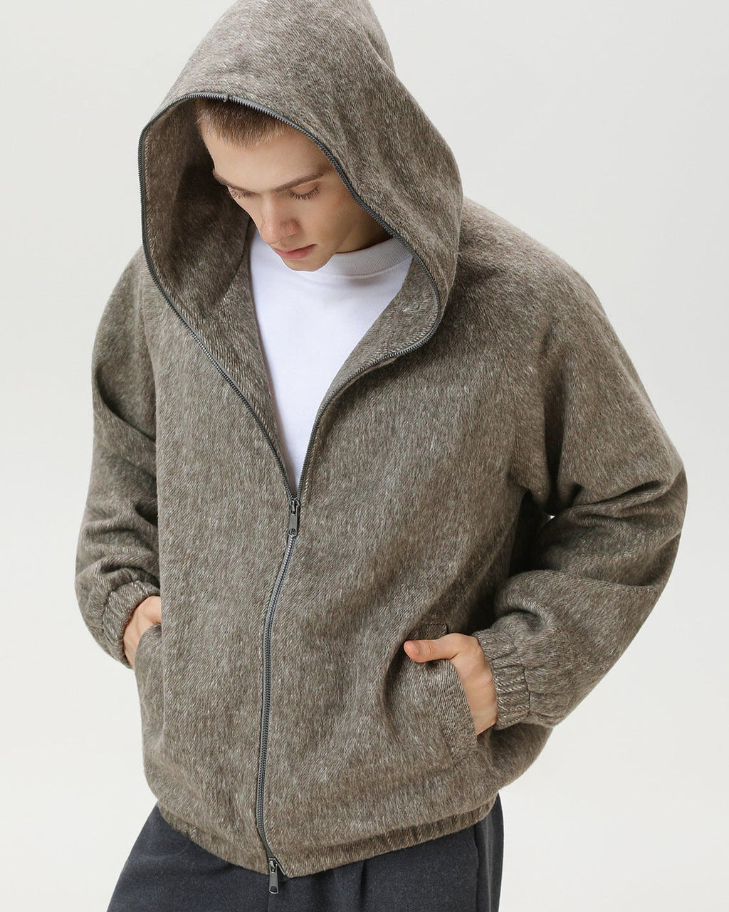 Wool Blend Hooded Zip Jacket