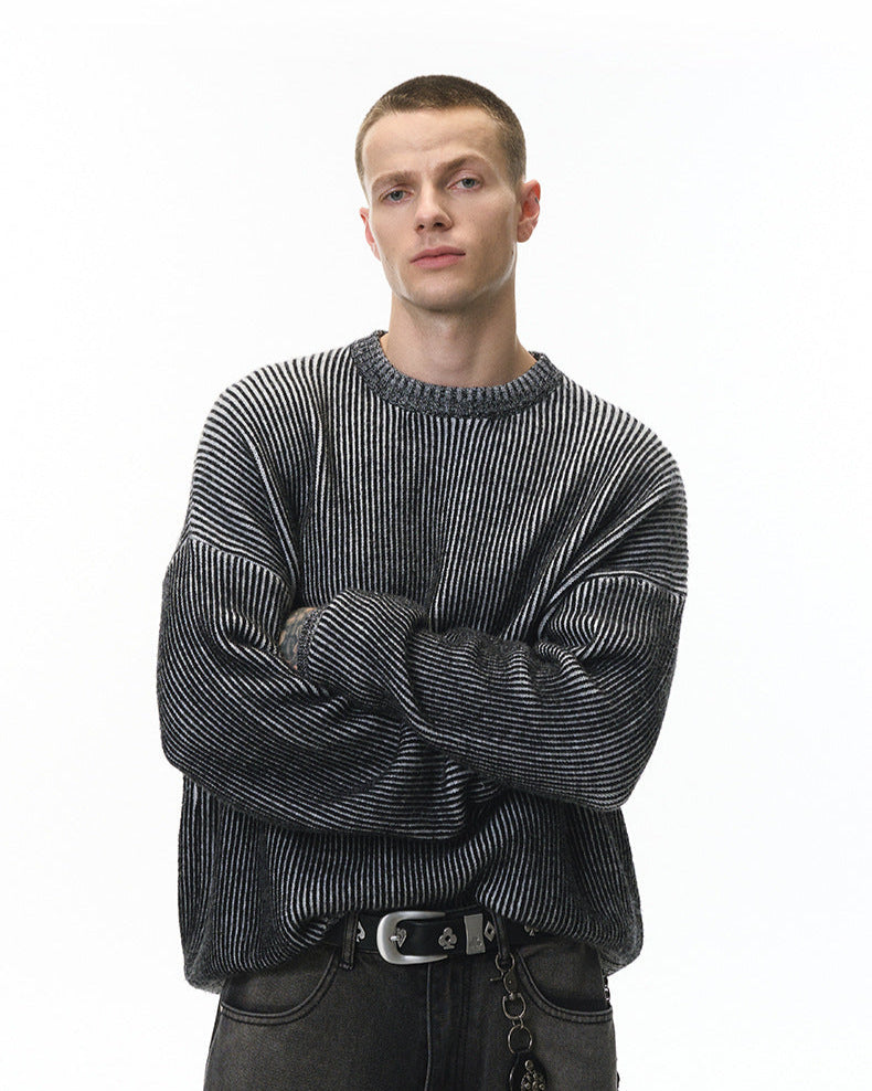 Monochrome Striped Wool Blend Crewneck Sweater