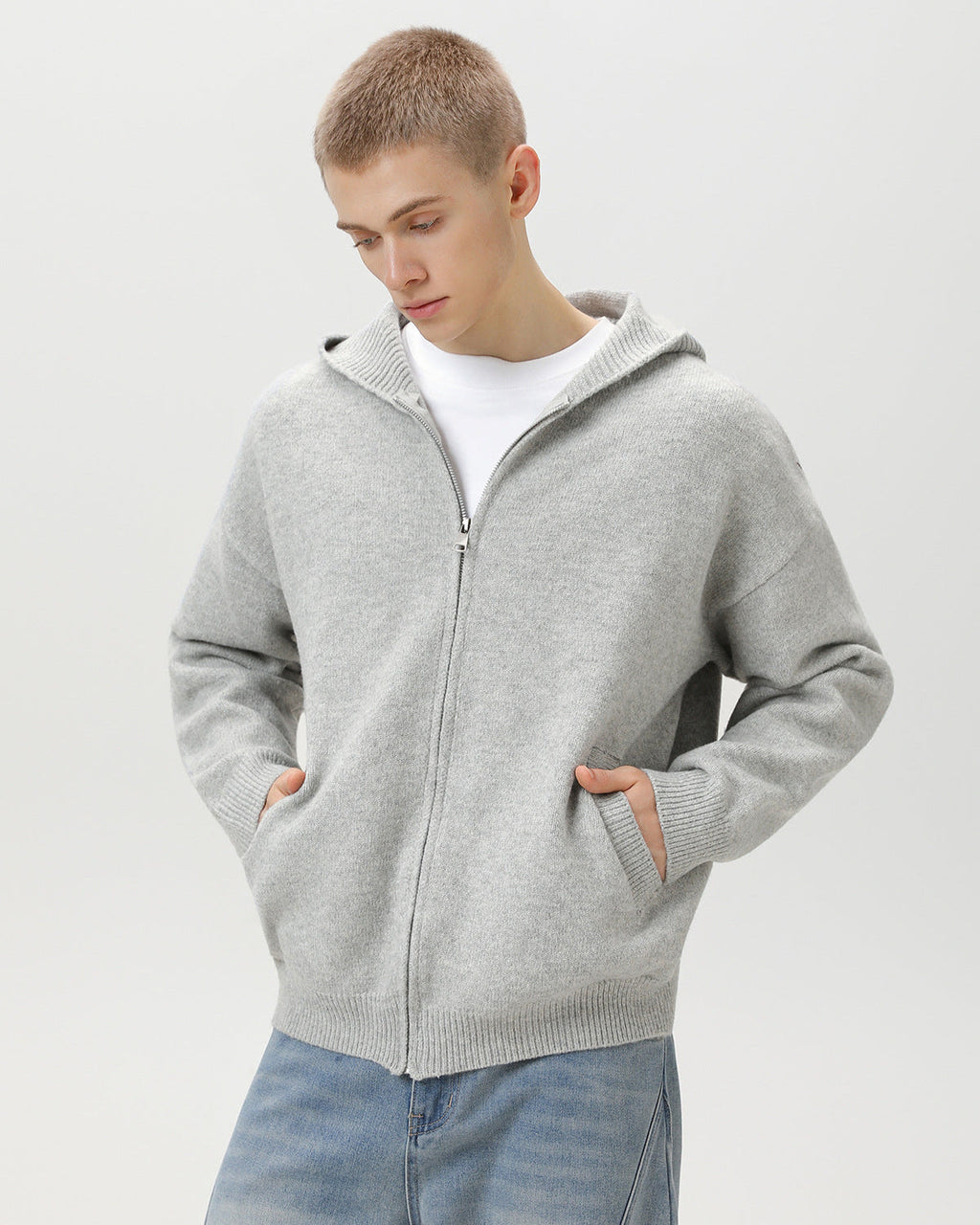 Minimalist Zip-Up Wool Blend Hoodie Cardigan