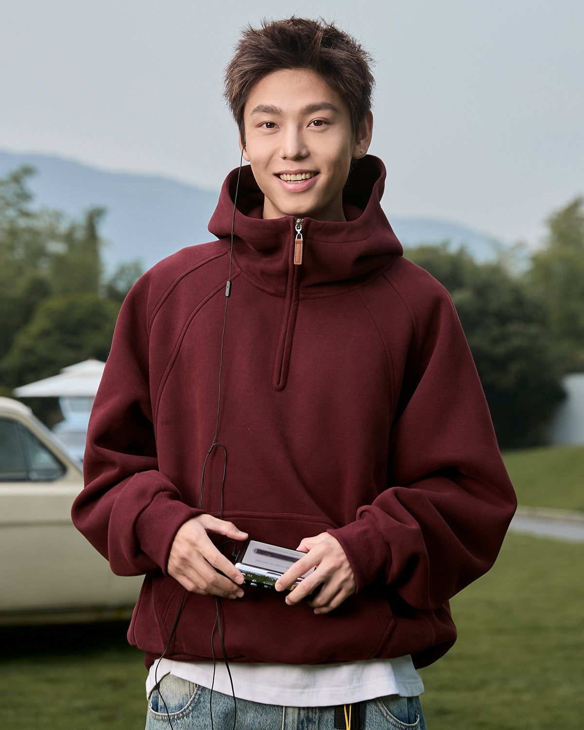 3D Split-Structure Heavy Half-Zip Hooded Sweatshirt