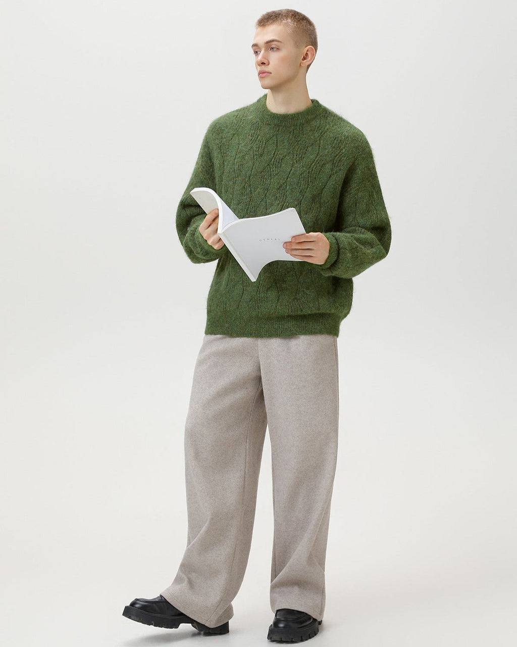 Oversized Cable-Knit Wool Blend Crewneck Sweater