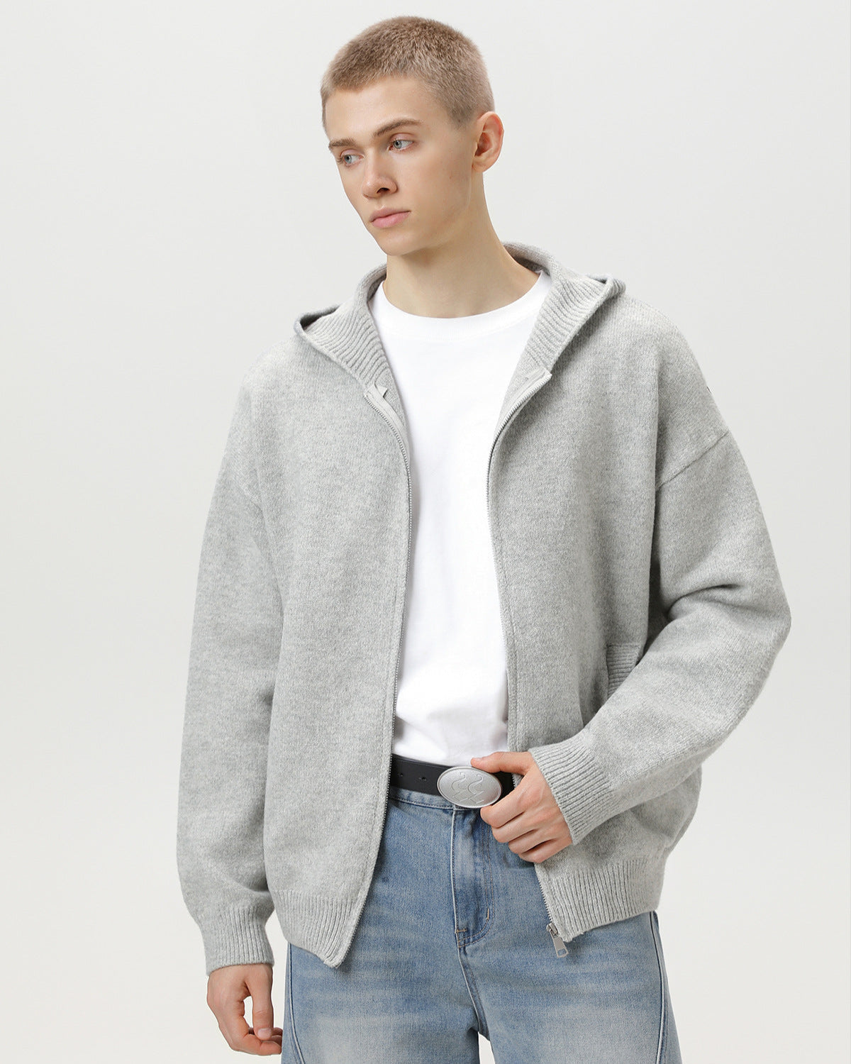 Minimalist Zip-Up Wool Blend Hoodie Cardigan