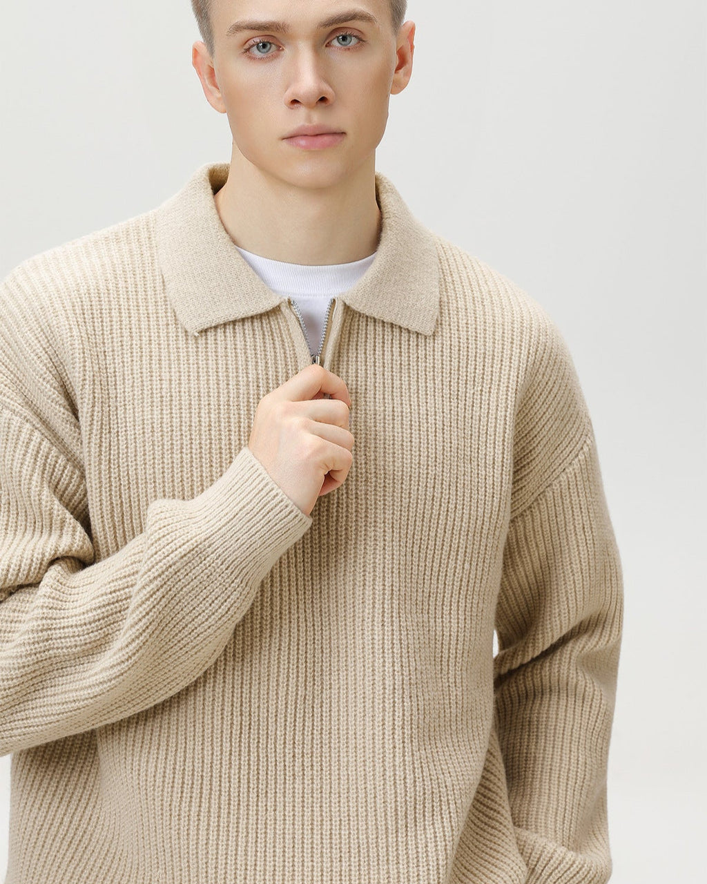 Ribbed Half-Zip Knit Polo Sweater