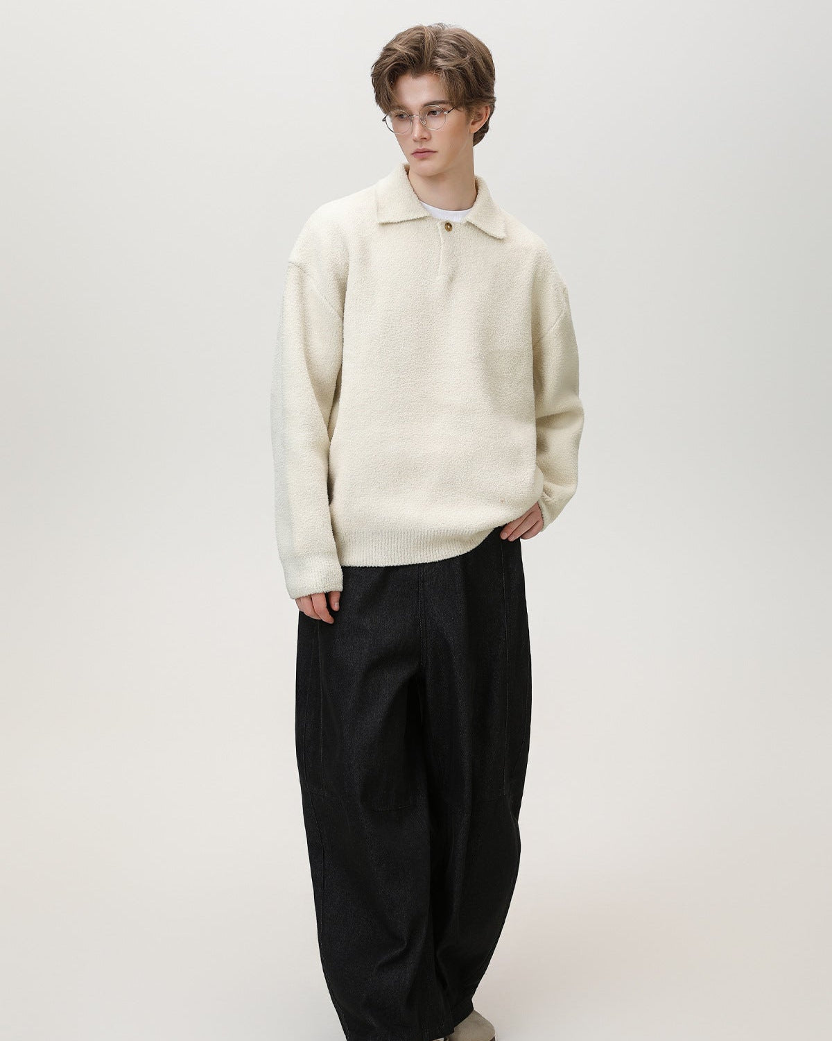 Wool Blend Knit One Button Oversized Henley Sweater