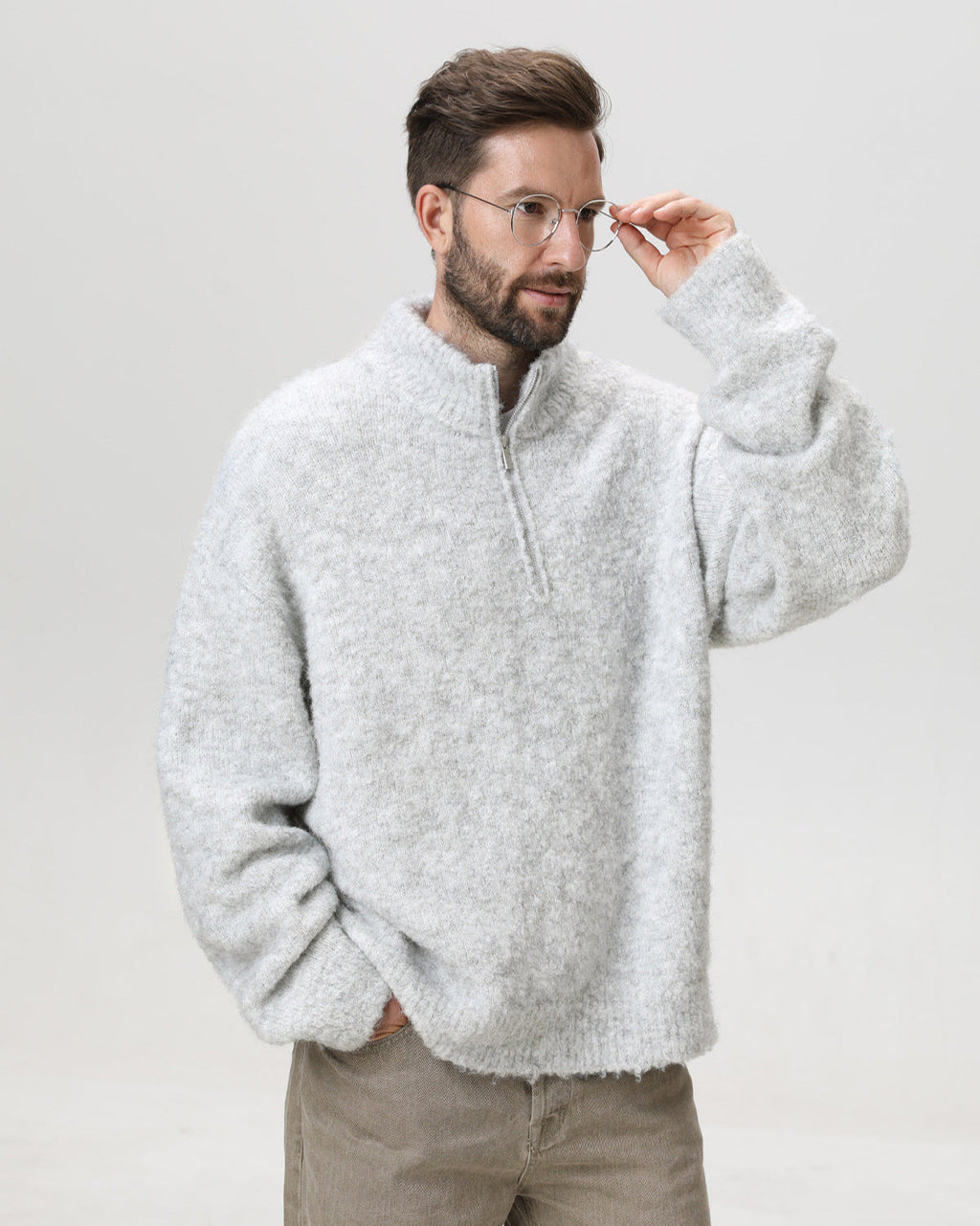 Heavyweight Hoop Yarn Half-Zip Stand Collar Sweater