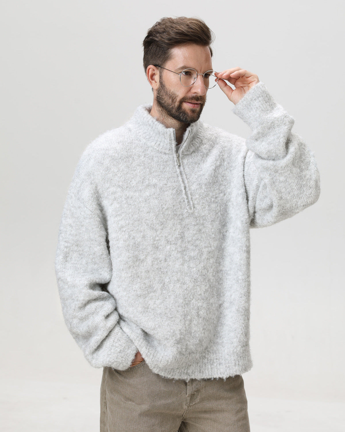 Heavyweight Hoop Yarn Half-Zip Stand Collar Sweater