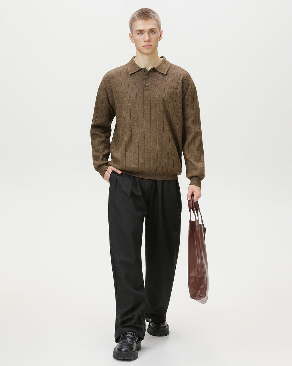 Ribbed Knit Long Sleeve Polo Sweater
