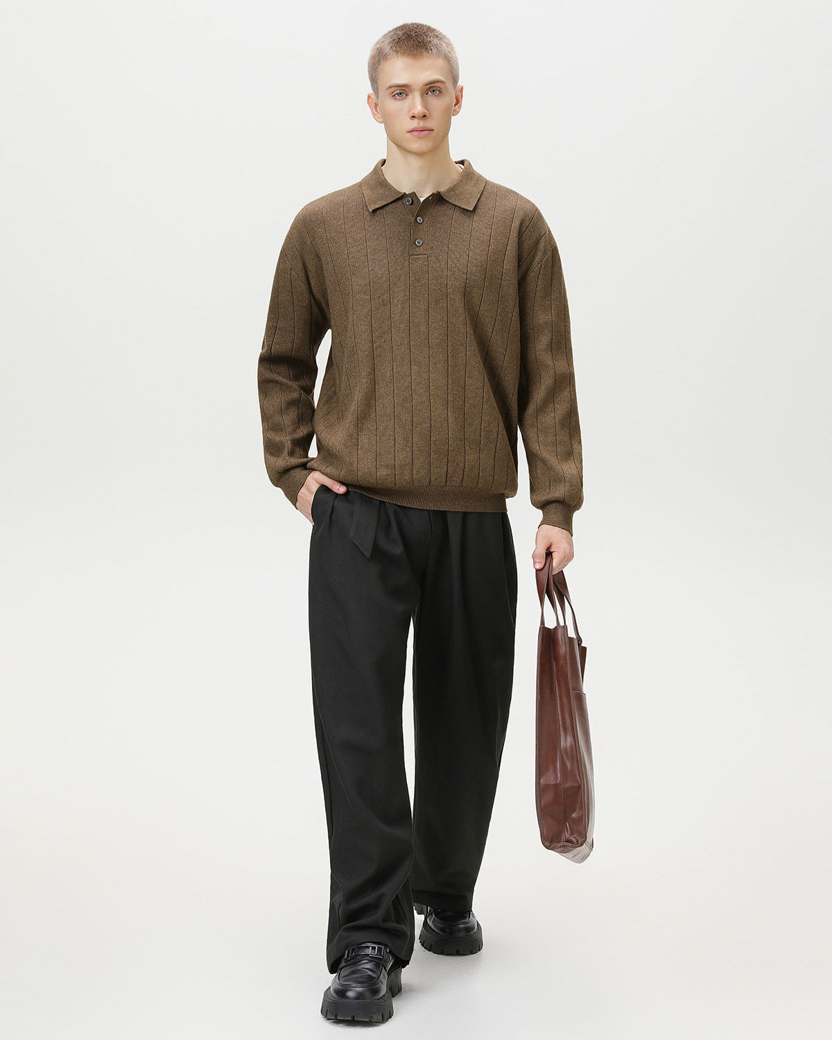 Ribbed Knit Long Sleeve Polo Sweater