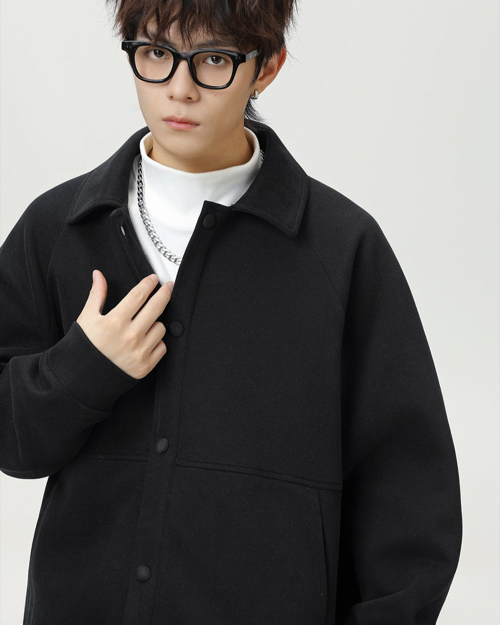 Raglan Wool Blend Short Coat – Textured Casual Oversized Fit