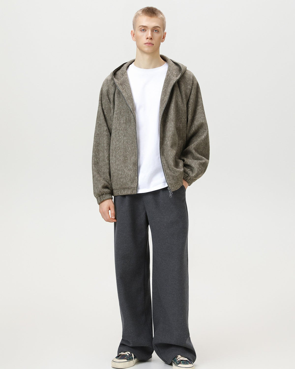 Wool Blend Hooded Zip Jacket