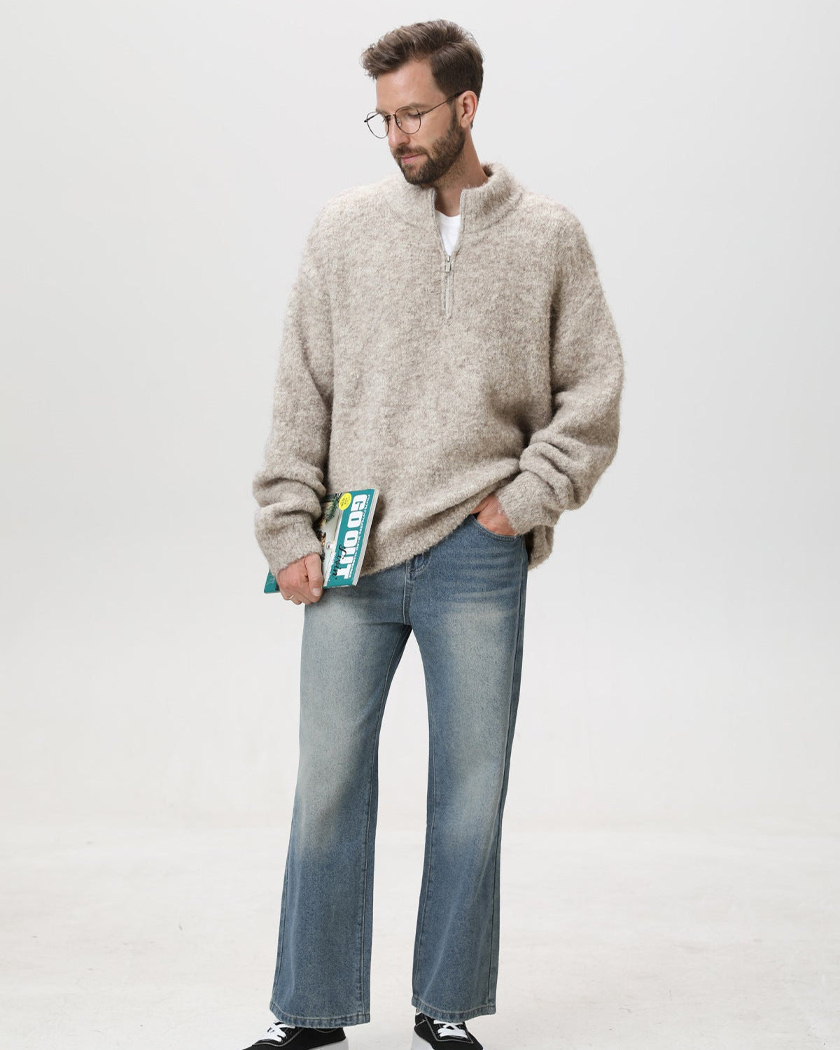 Heavyweight Hoop Yarn Half-Zip Stand Collar Sweater