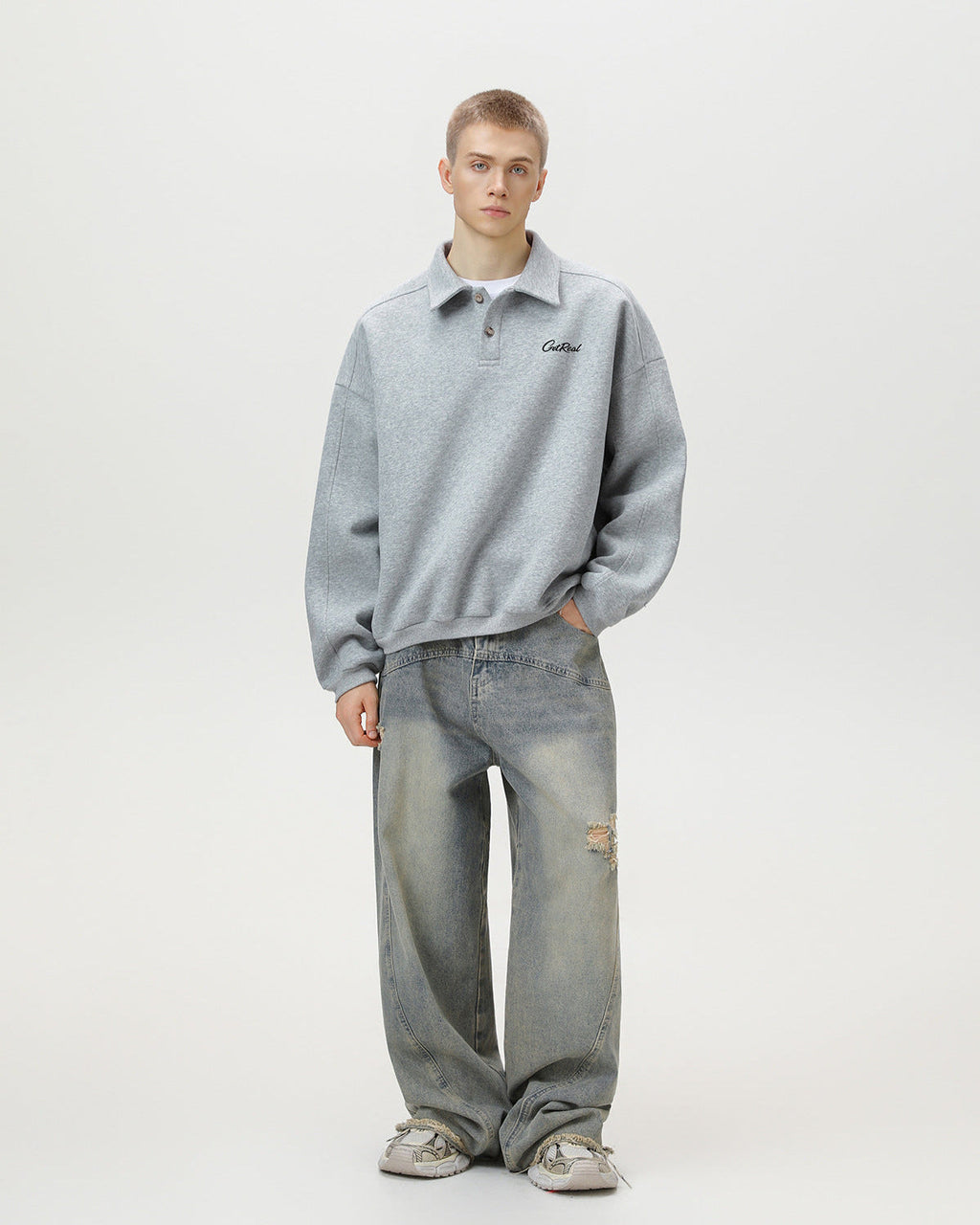 "Get Real" Oversized Embroidered Polo Sweater