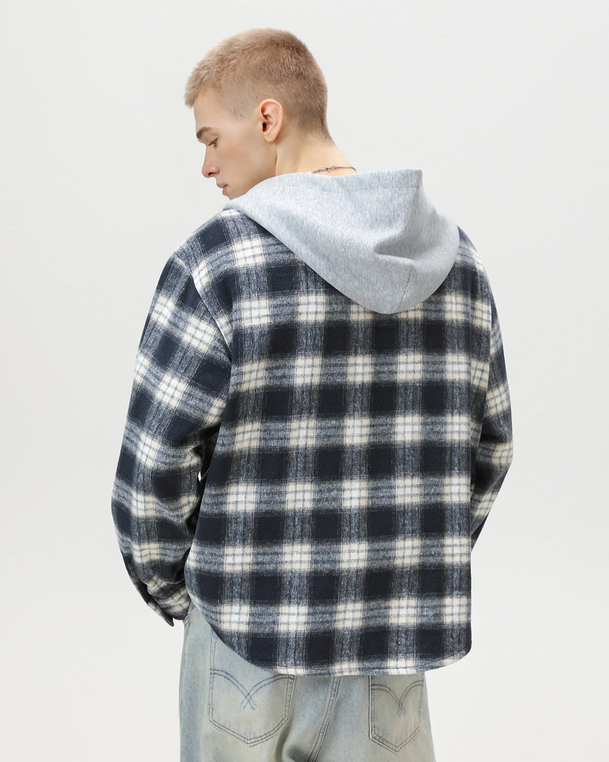 Check Plaid Hooded Overshirt Cardigan