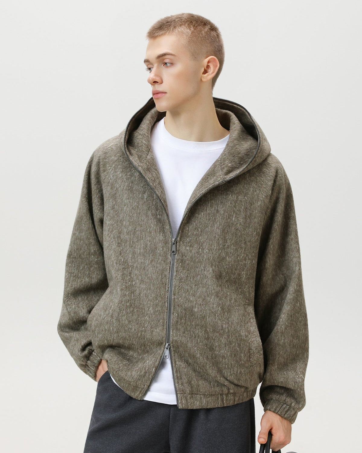 Wool Blend Hooded Zip Jacket