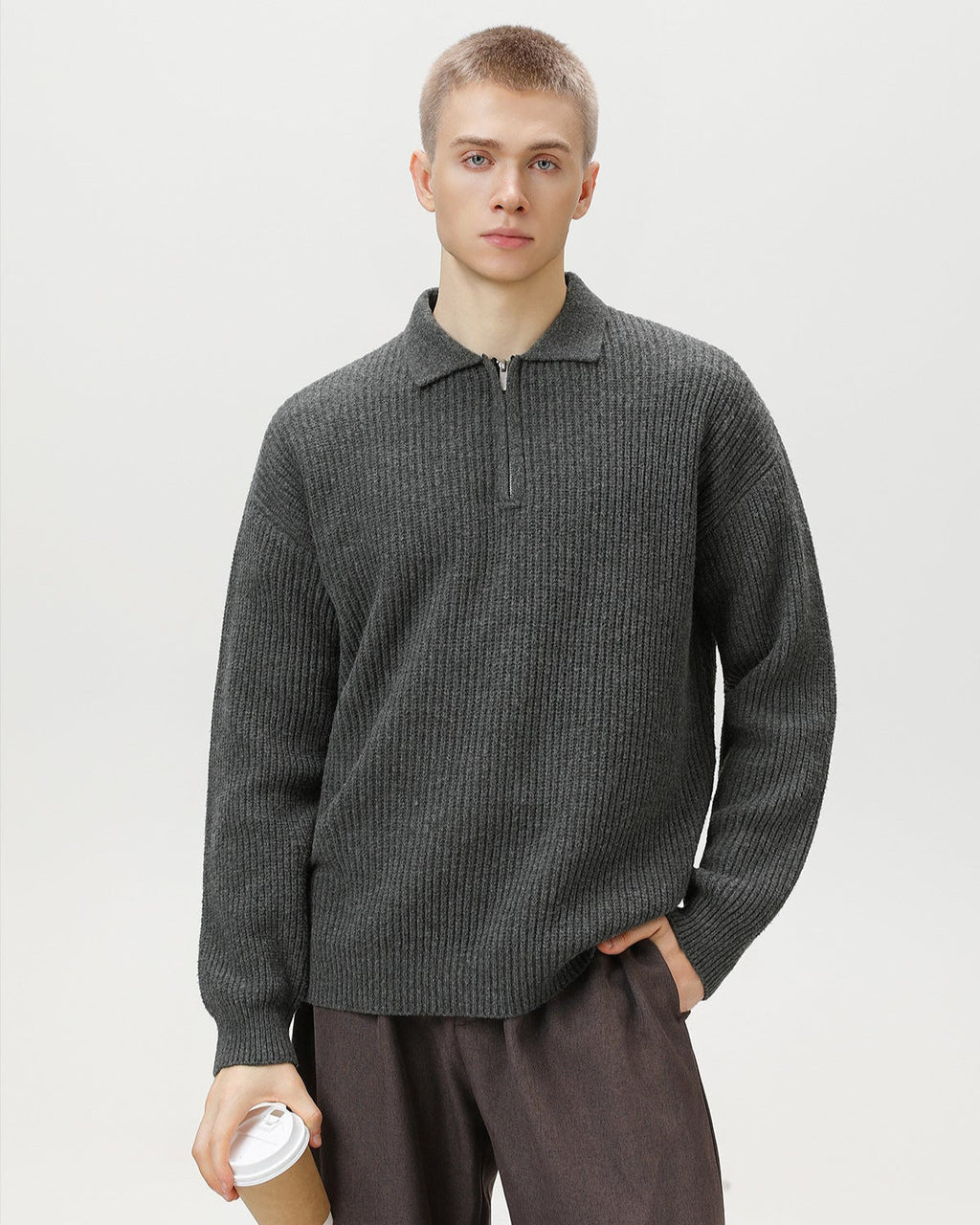 Ribbed Half-Zip Knit Polo Sweater