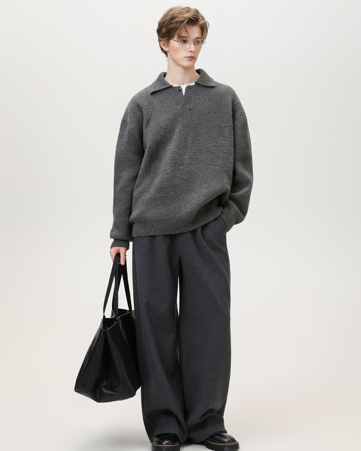 Wool Blend Knit One Button Oversized Henley Sweater