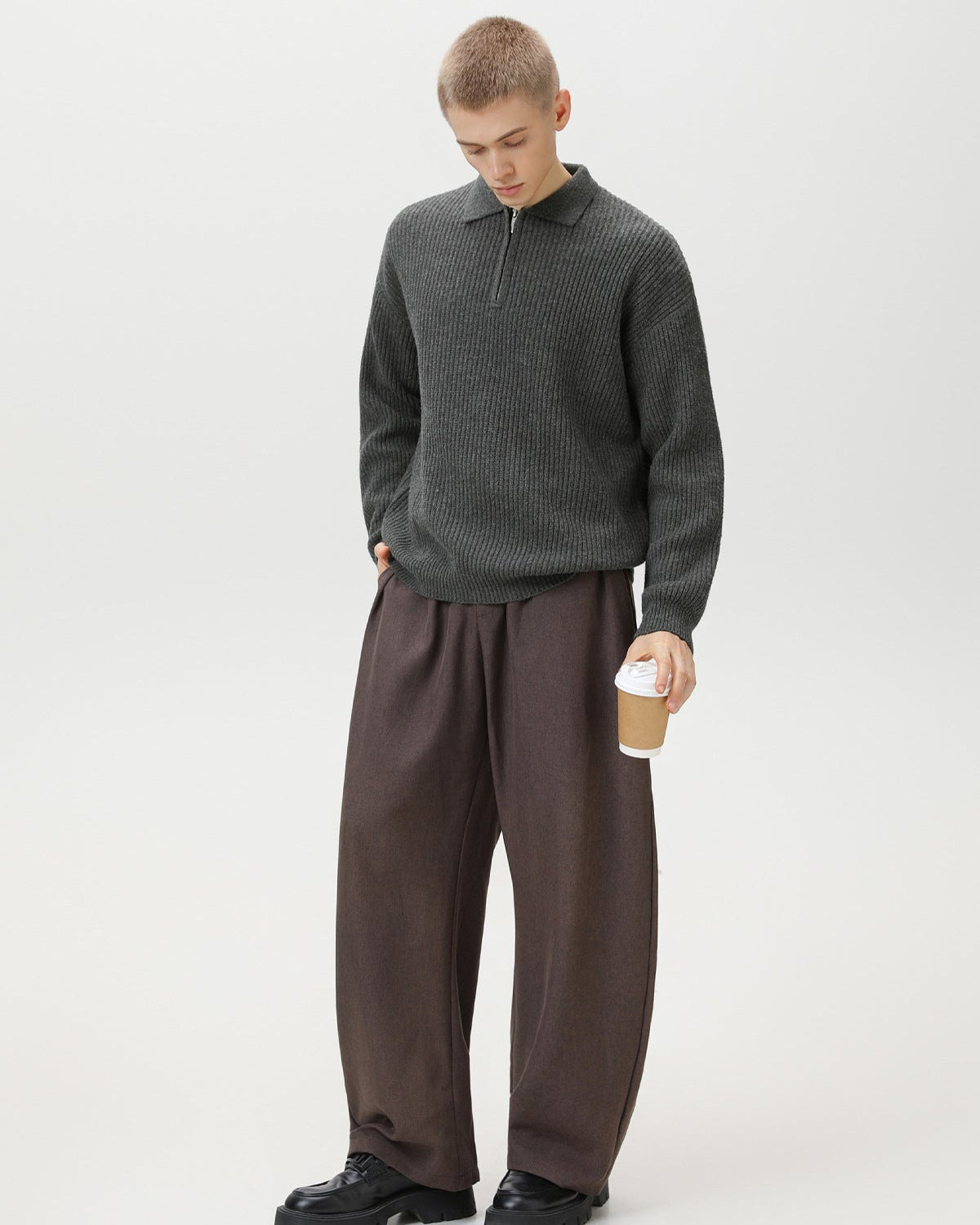 Ribbed Half-Zip Knit Polo Sweater