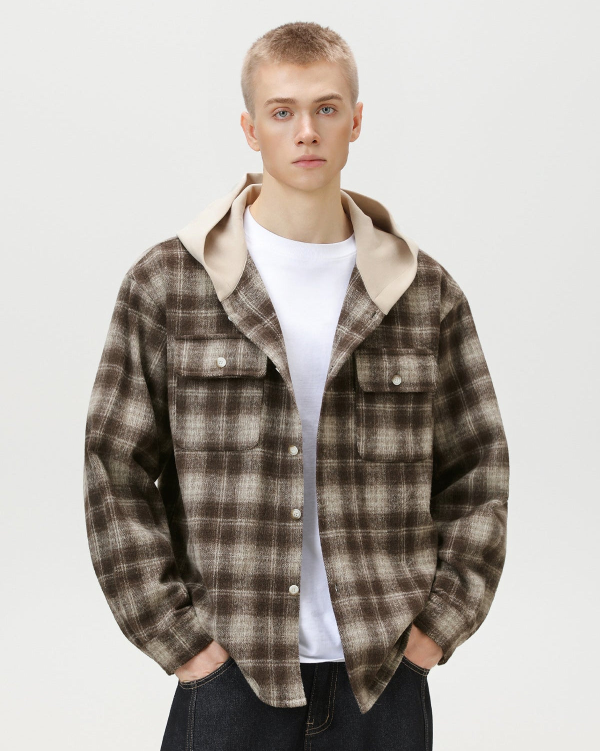 Check Plaid Hooded Overshirt Cardigan