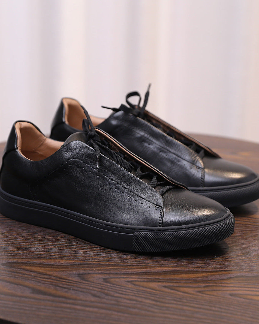 The Softey Leather Low Sneakers - Black