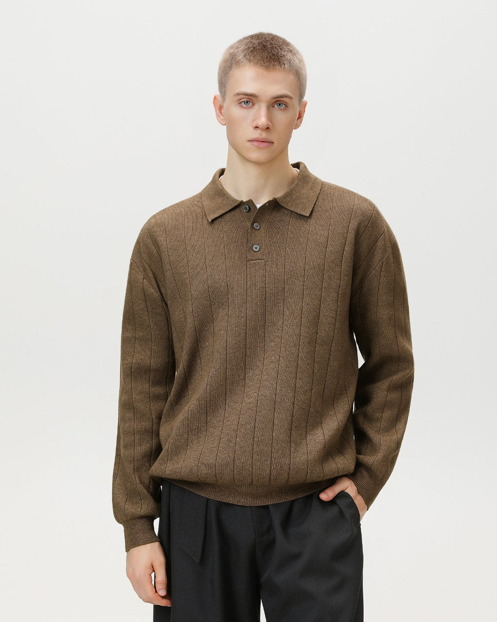 Ribbed Knit Long Sleeve Polo Sweater