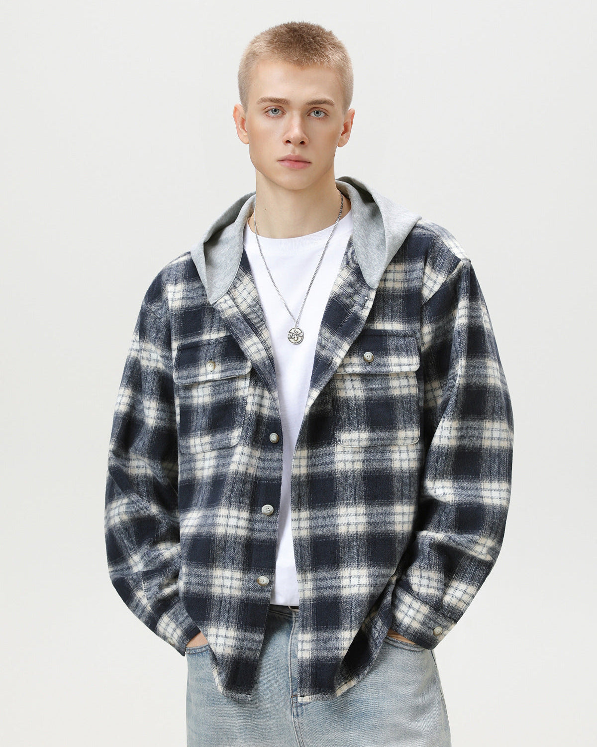 Check Plaid Hooded Overshirt Cardigan