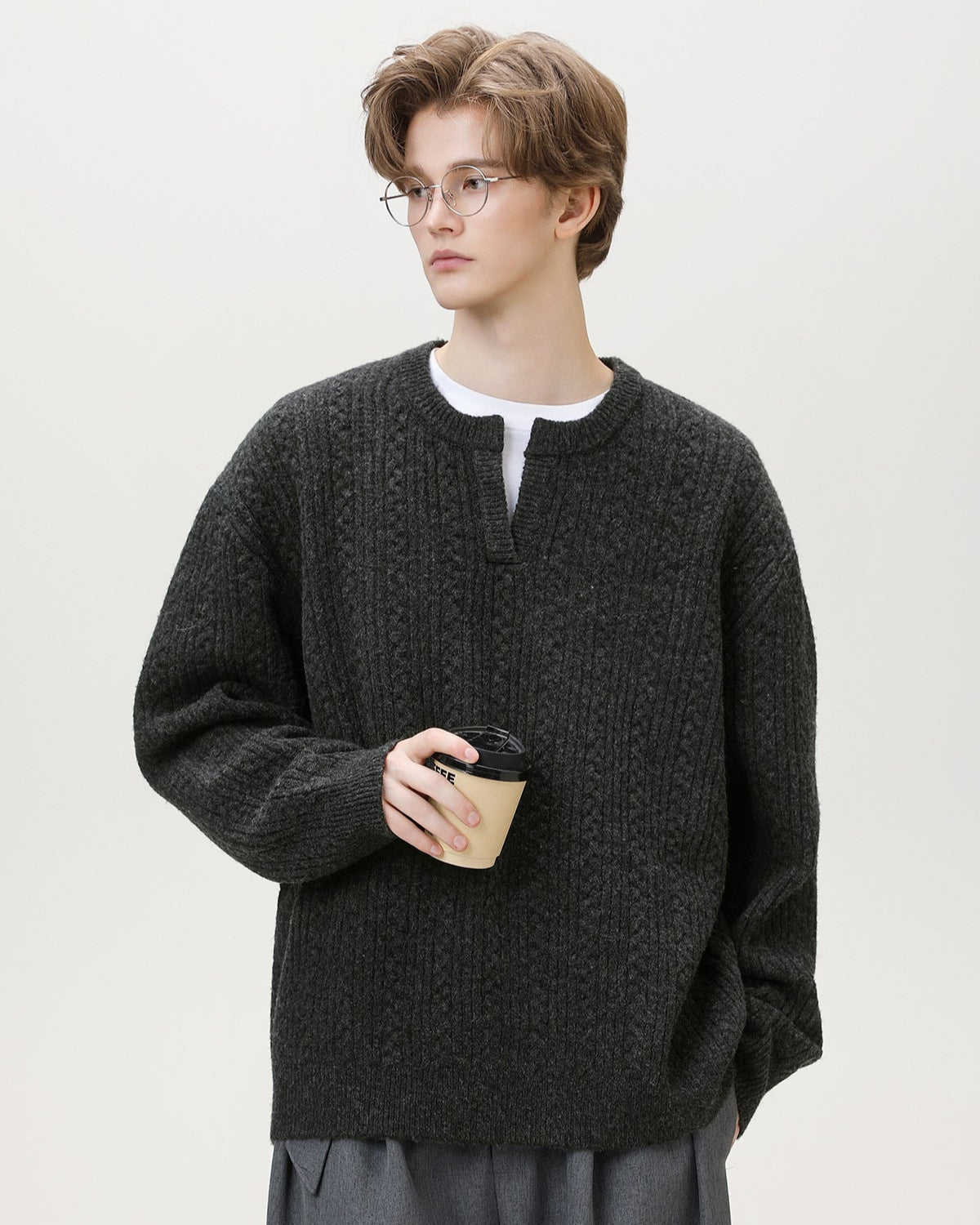 Split-Neck Knit Sweater