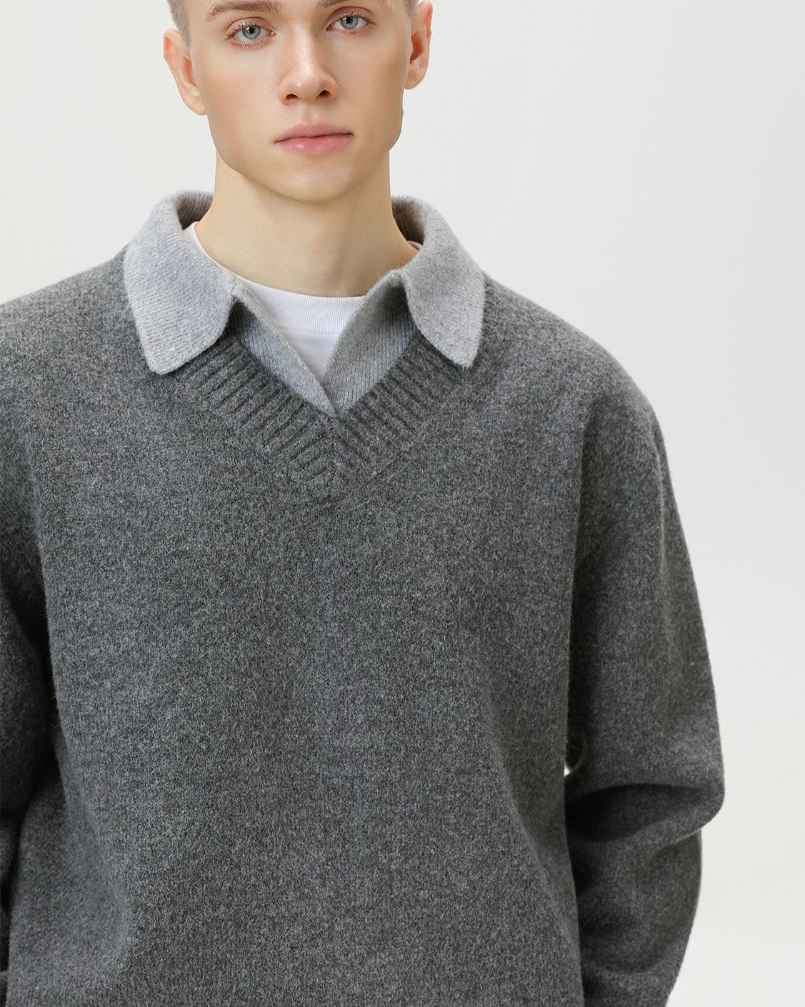 Wool Blend Collar V-Neck Knit Sweater