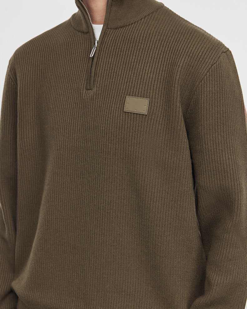 Warm Brown Winter Stand Collar Knit Sweater