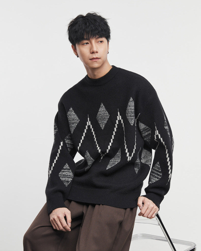 Retro Checkered Jacquard Crewneck Sweater