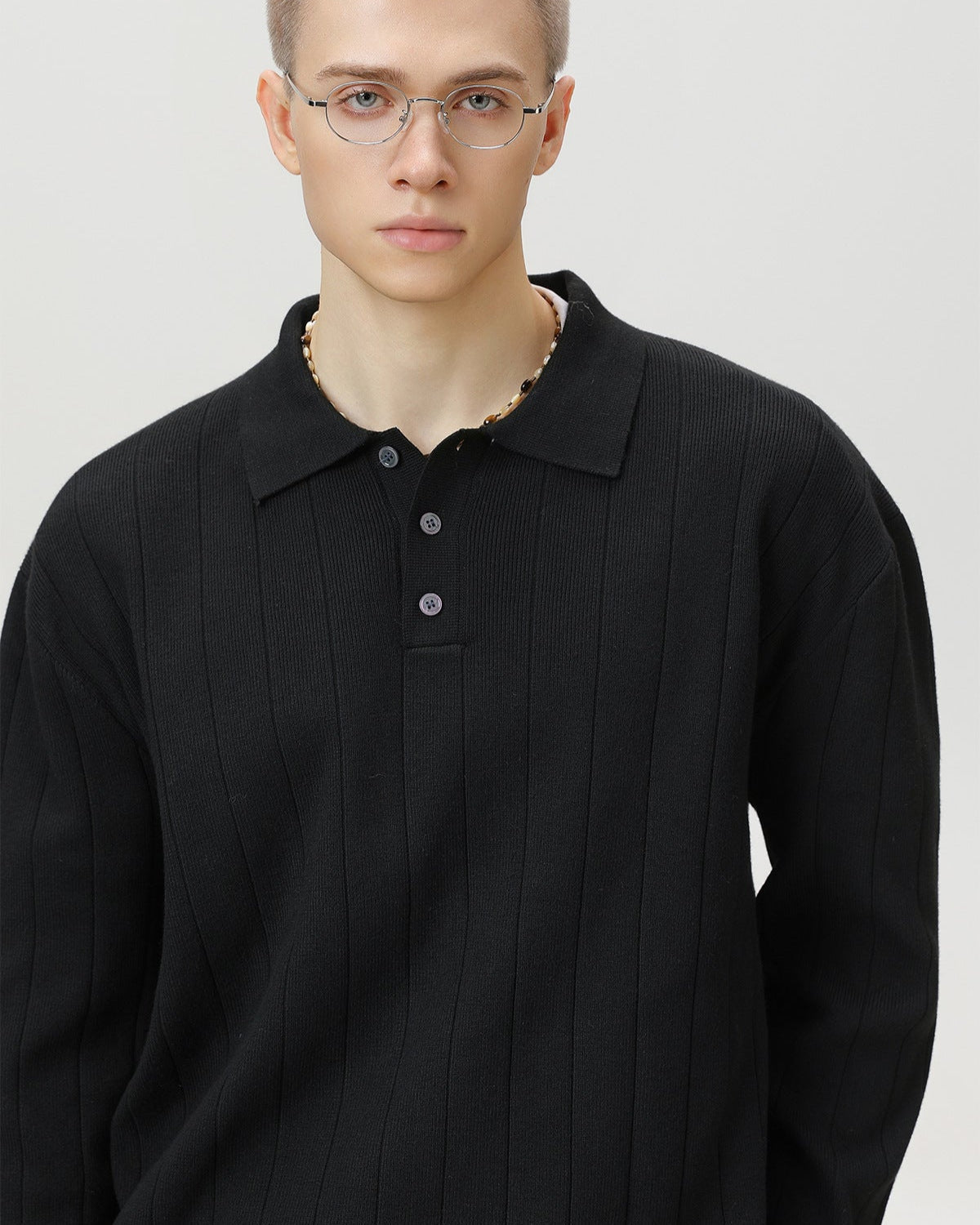 Ribbed Knit Long Sleeve Polo Sweater