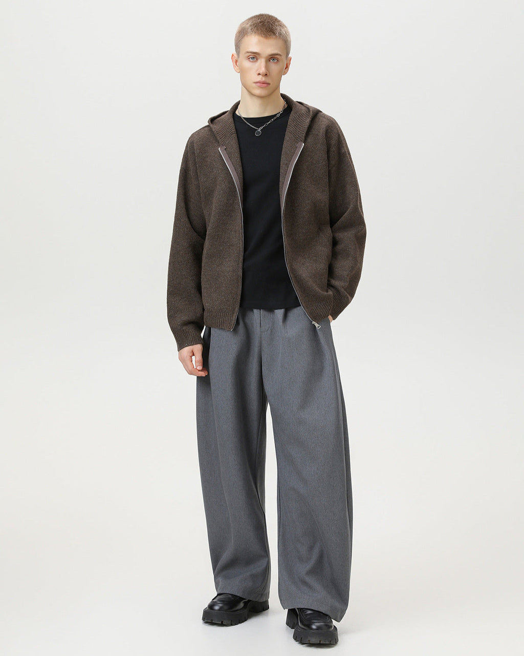 Minimalist Zip-Up Wool Blend Hoodie Cardigan