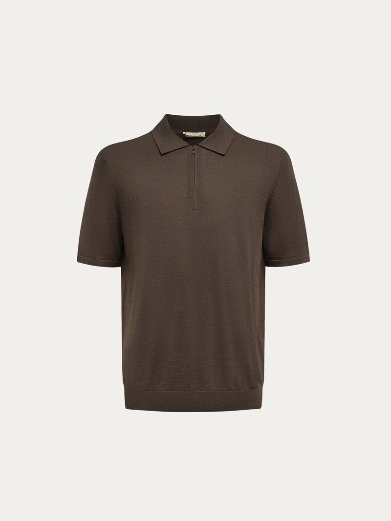 Silk and cotton polo jumper Tobacco